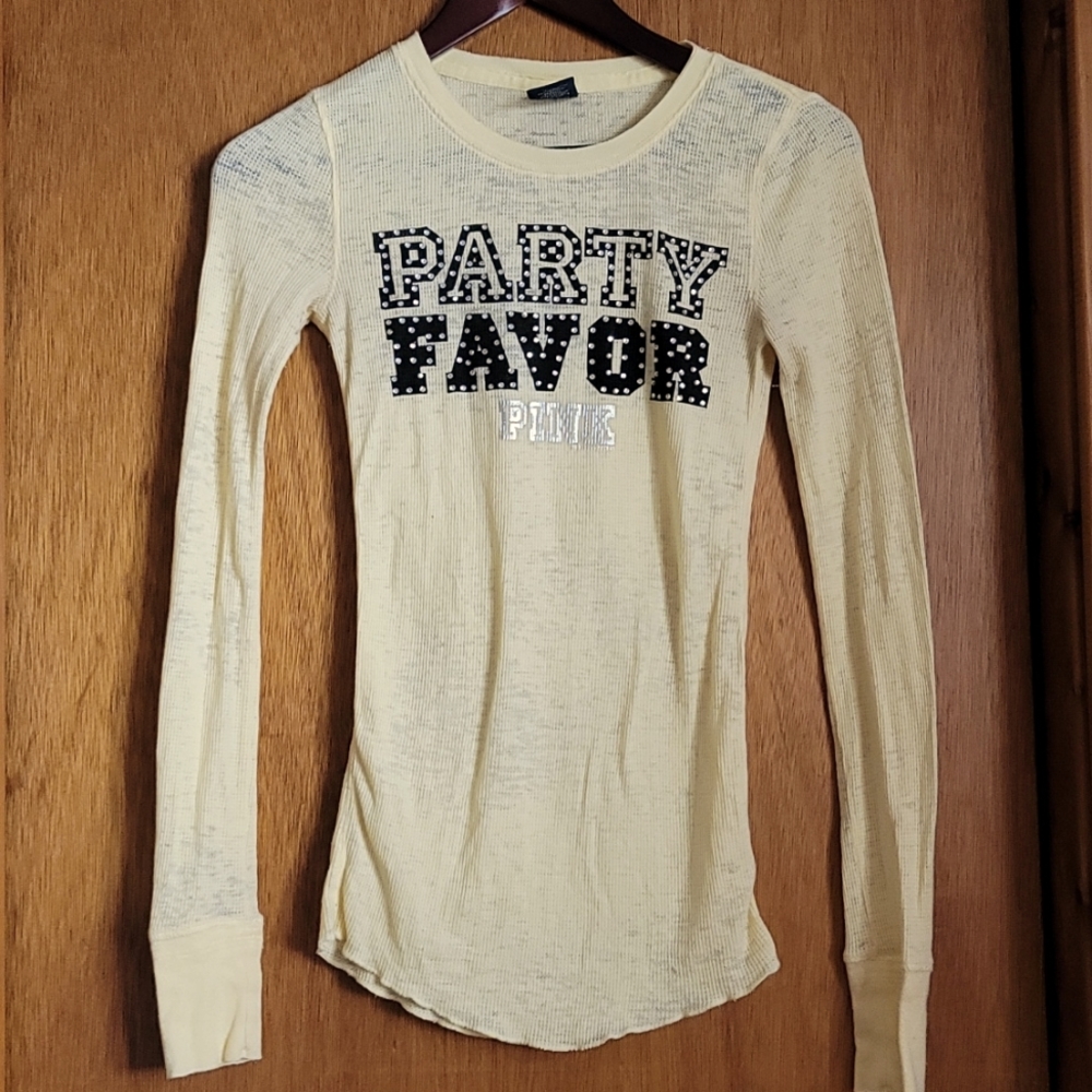 PINK funny “Party Favor” Embellished Burnout Thermal.  Yellow. Size XS